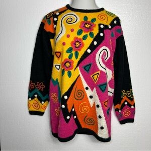 Sideffects vintage statement multicolored embroidered sweater size M